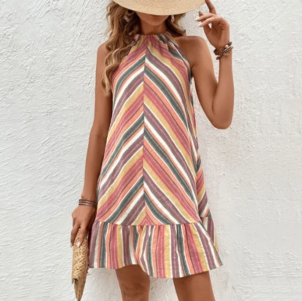 High Quality Digital printing Casual Dresses Striped Print ruffled  women's dress Order Small MOQ