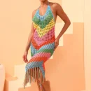 High Quality resort wear Rainbow Hand knitting tassel maxi ruffled dress women's dress Order Small MOQ