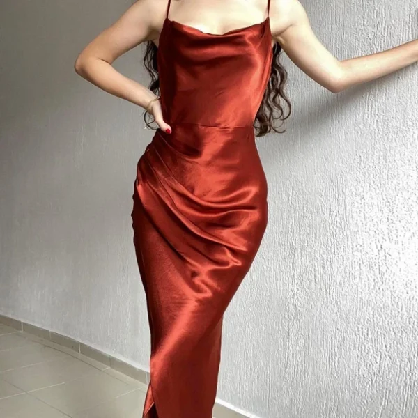 High Quality Polyester Women's dress Satin fold Spaghetti strap kneelength women's dress Order Small MOQ - Image 4