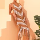 High Quality resort wear Rainbow Hand knitting tassel maxi ruffled dress women's dress Order Small MOQ