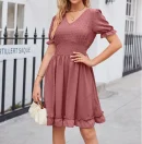 High Quality Casual Dresses-Shirt Dress ruffled mesh ruffled V Neck women's dress Order Small MOQ