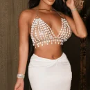 High Quality Women's holiday clothes Party top Metal chain glisten Pearl women's top Order Small MOQ