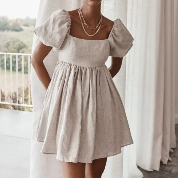 High Quality  Women Clothing organic cotton Square Neck Puff sleeve women's dress Order Small MOQ