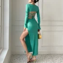 High Quality Casual Dresses-Shirt Dress maxi dress open back V Neck women's dress Order Small MOQ