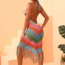 High Quality resort wear Rainbow Hand knitting tassel maxi ruffled dress women's dress Order Small MOQ