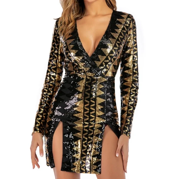 High Quality Women's holiday party dress sequin detail Geometric Deep V Neckwomen's dress Order Small MOQ - Image 2