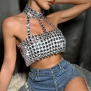 High Quality Women's holiday clothes Party top Metal chain glisten Rhinestone women's top Order Small MOQ