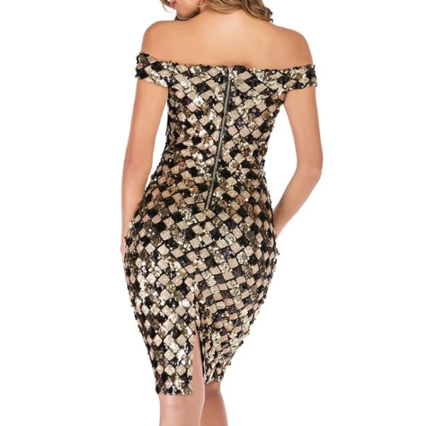 High Quality Women's holiday party dress sequin detail Plaid off shoulder women's dress Order Small MOQ - Image 3