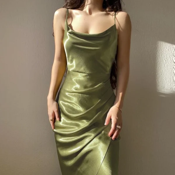 High Quality Polyester Women's dress Satin fold Spaghetti strap kneelength women's dress Order Small MOQ