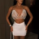 High Quality Women's holiday clothes Party top Metal chain glisten Pearl women's top Order Small MOQ