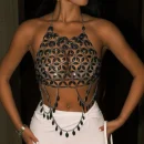 High Quality Women's holiday clothes Party top Metal chain glisten Rhinestone women's top Order Small MOQ